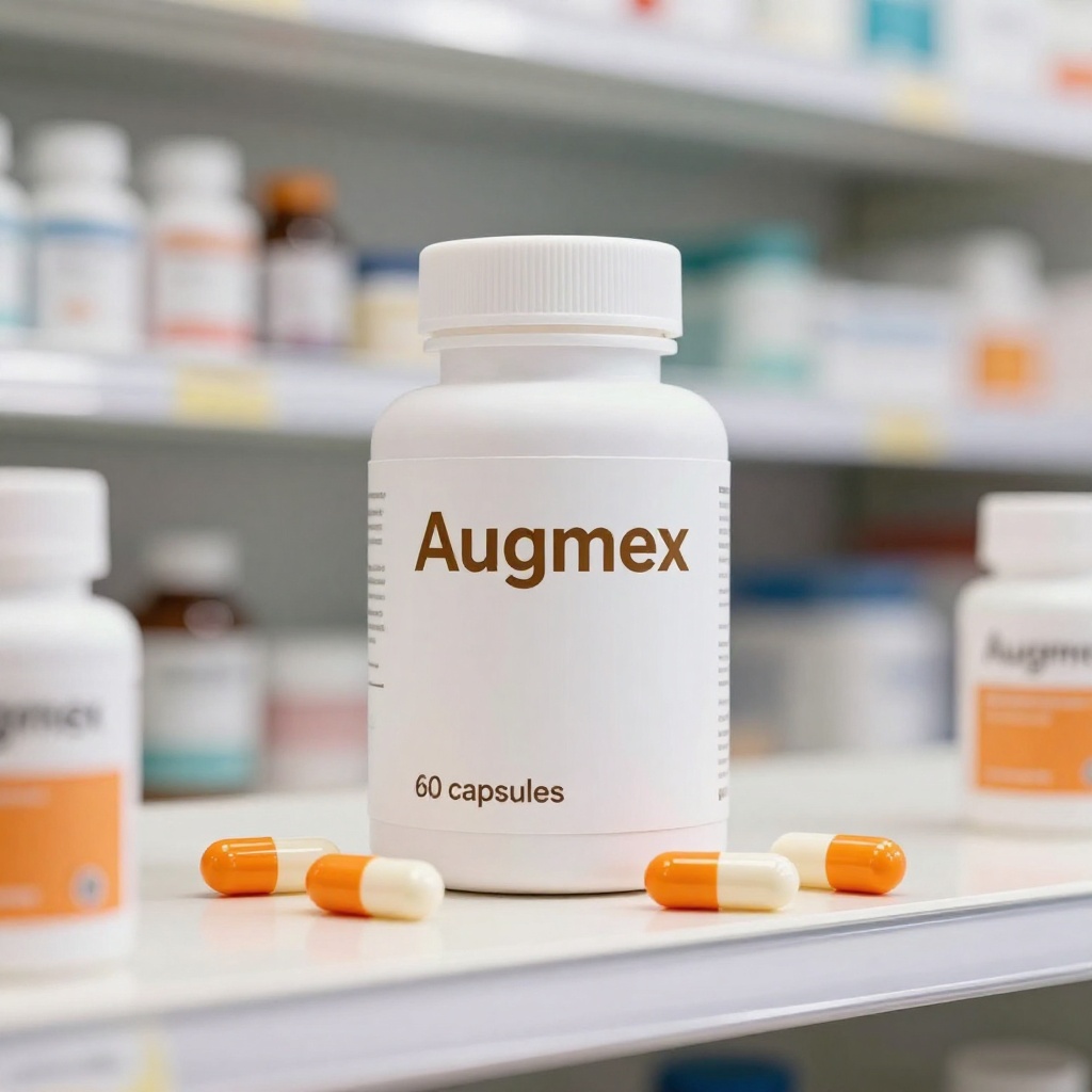 Cutie de supliment Augmex pentru îmbunătățirea circulației sanguine, ambalaj verde cu design medical modern pe fundal neutru